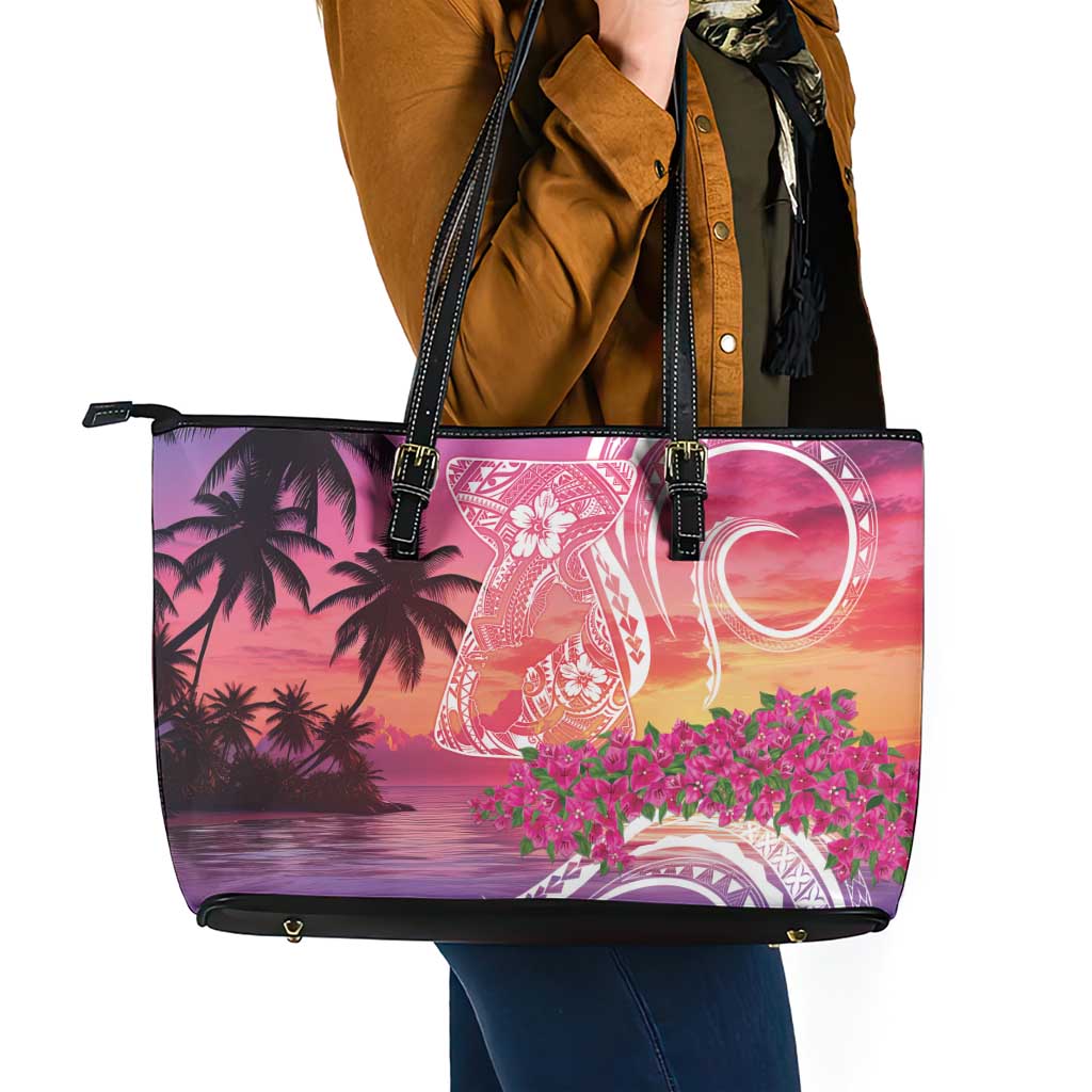 Guam Latte Stone with Map Leather Tote Bag Bougainvillea Beach Sunset LT9 - Polynesian Pride