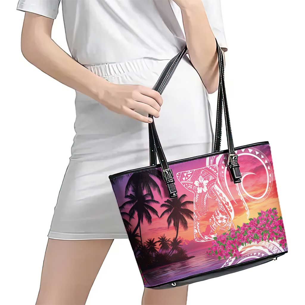 Guam Latte Stone with Map Leather Tote Bag Bougainvillea Beach Sunset LT9 - Polynesian Pride