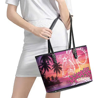 Guam Latte Stone with Map Leather Tote Bag Bougainvillea Beach Sunset LT9 - Polynesian Pride