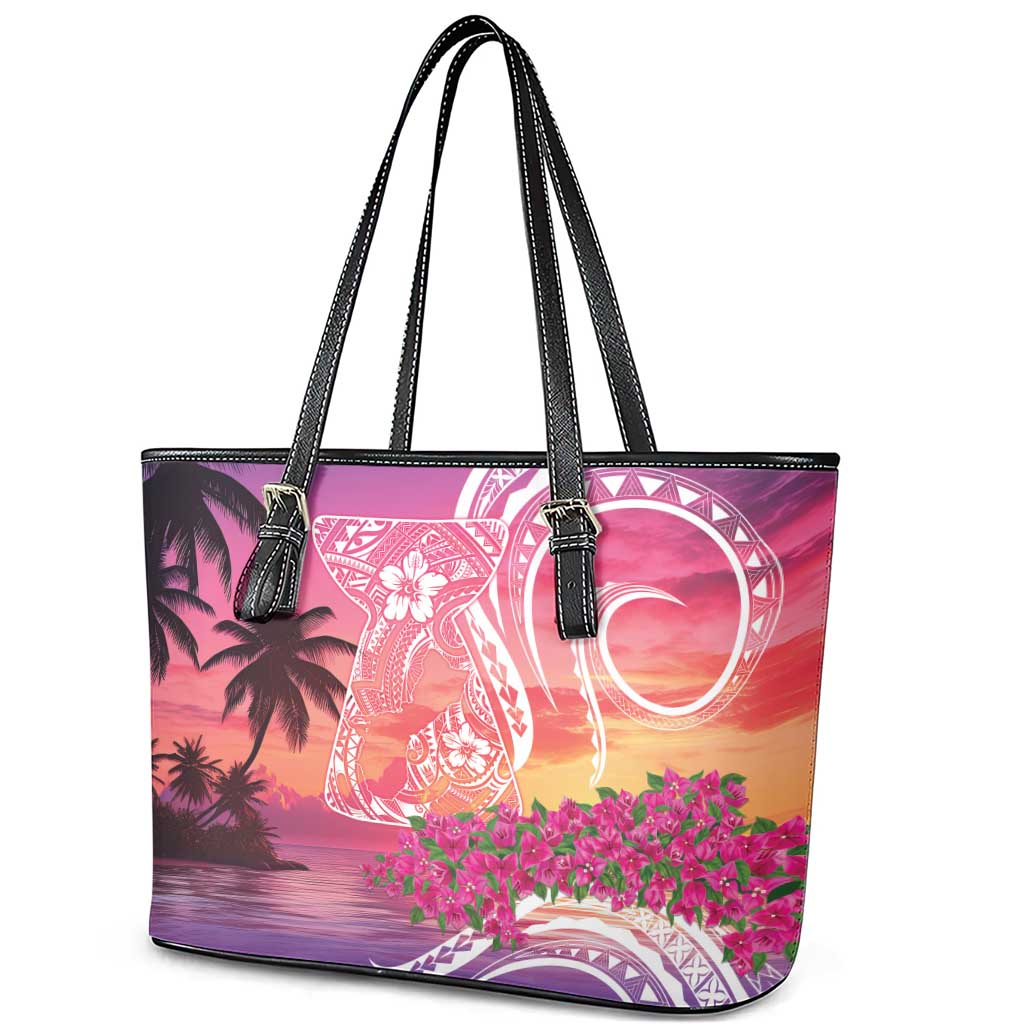 Guam Latte Stone with Map Leather Tote Bag Bougainvillea Beach Sunset LT9 - Polynesian Pride