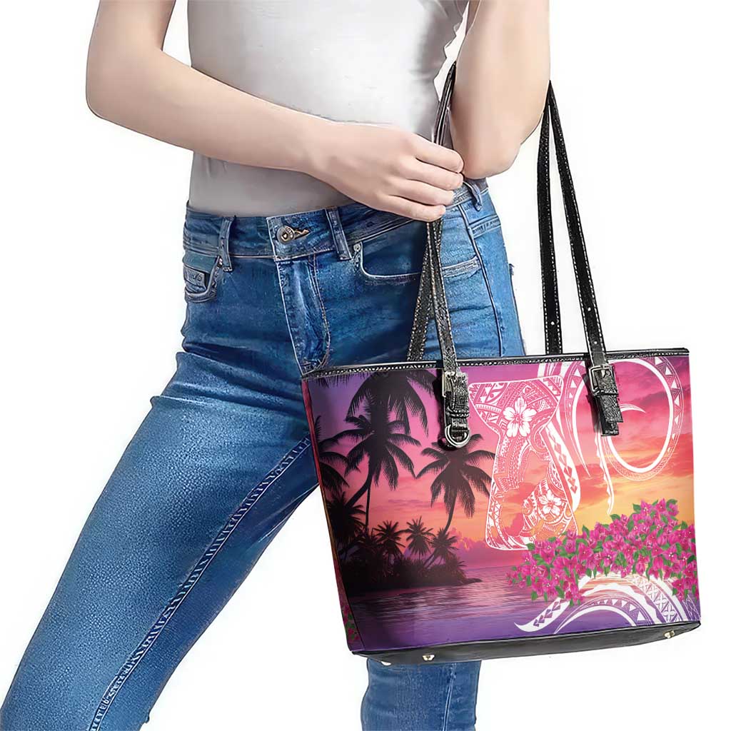 Guam Latte Stone with Map Leather Tote Bag Bougainvillea Beach Sunset LT9 - Polynesian Pride