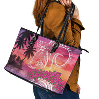 Guam Latte Stone with Map Leather Tote Bag Bougainvillea Beach Sunset LT9 - Polynesian Pride