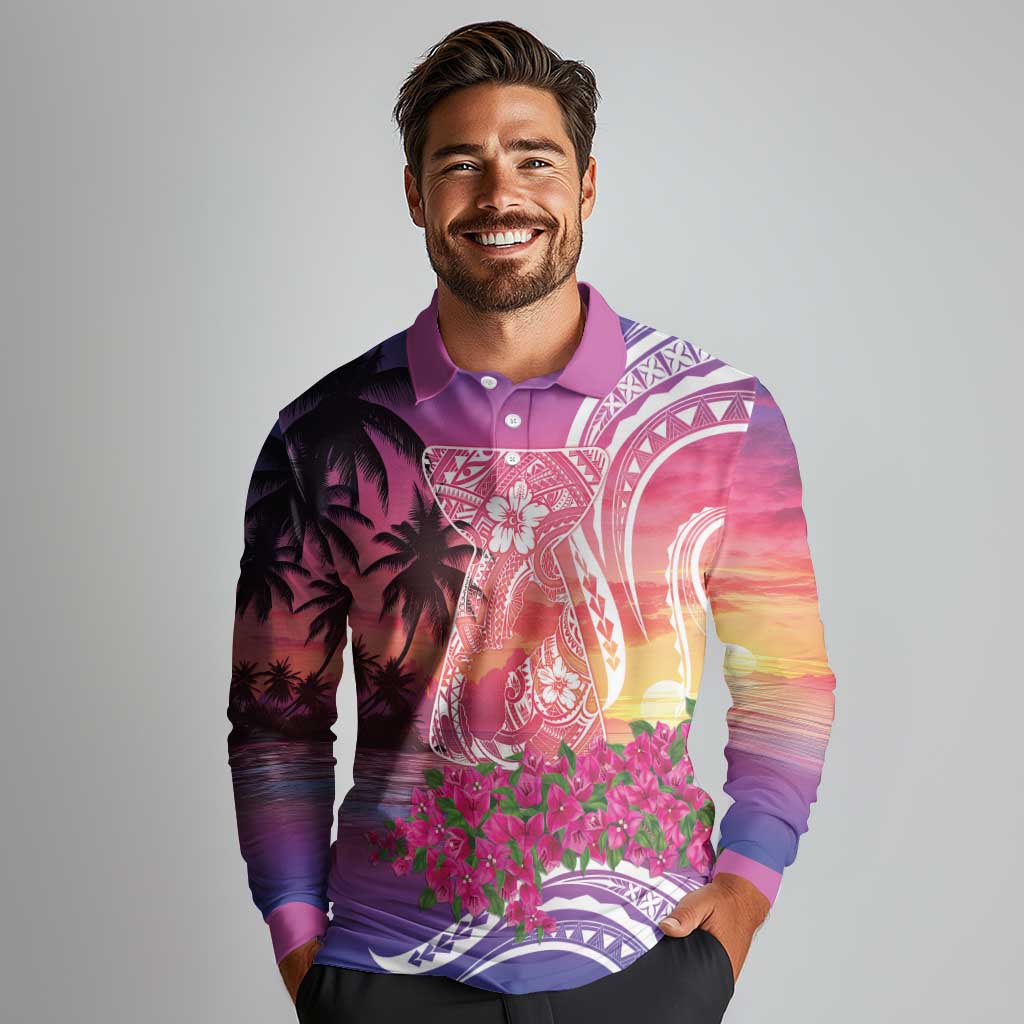 Guam Latte Stone with Map Long Sleeve Polo Shirt Bougainvillea Beach Sunset