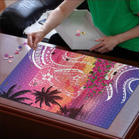 Guam Latte Stone with Map Puzzle Bougainvillea Beach Sunset - Polynesian Pride