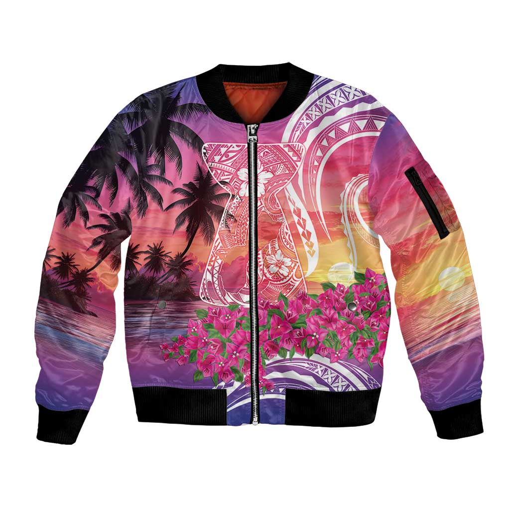 Guam Latte Stone with Map Sleeve Zip Bomber Jacket Bougainvillea Beach Sunset