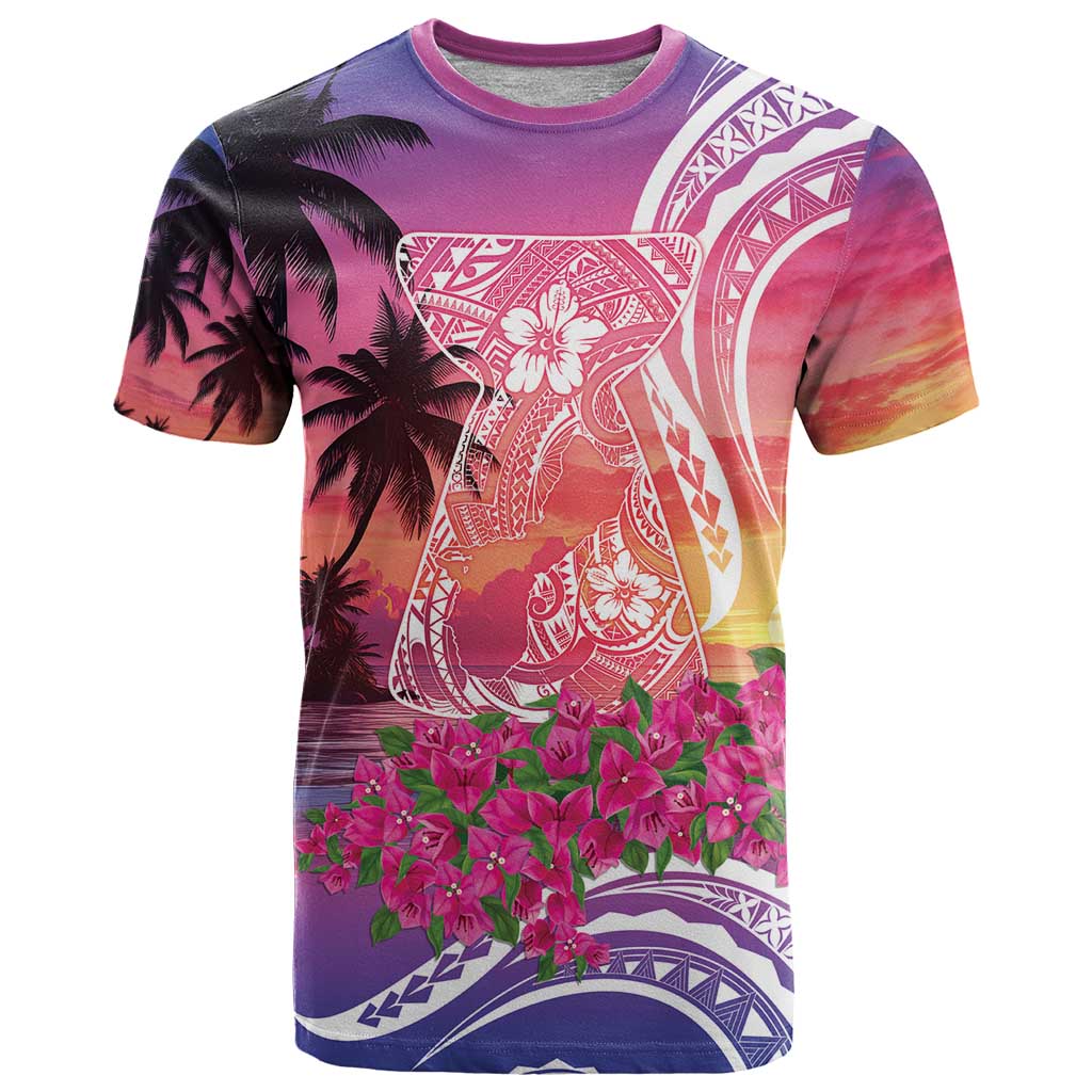 Guam Latte Stone with Map T Shirt Bougainvillea Beach Sunset