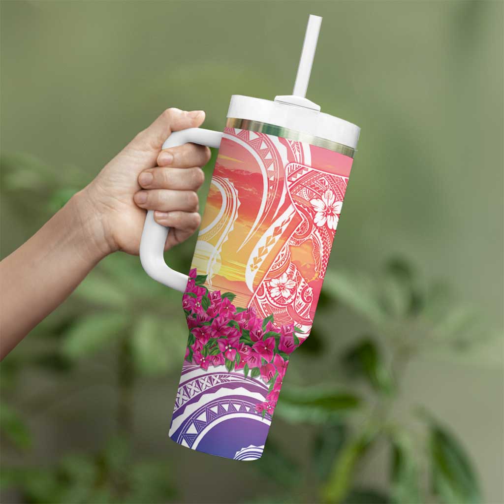 Guam Latte Stone with Map Tumbler With Handle Bougainvillea Beach Sunset