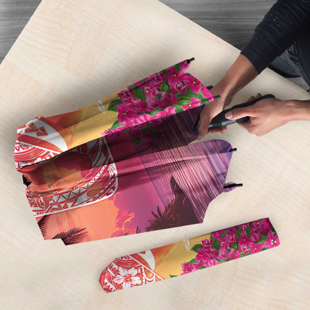 Guam Latte Stone with Map Umbrella Bougainvillea Beach Sunset - Polynesian Pride