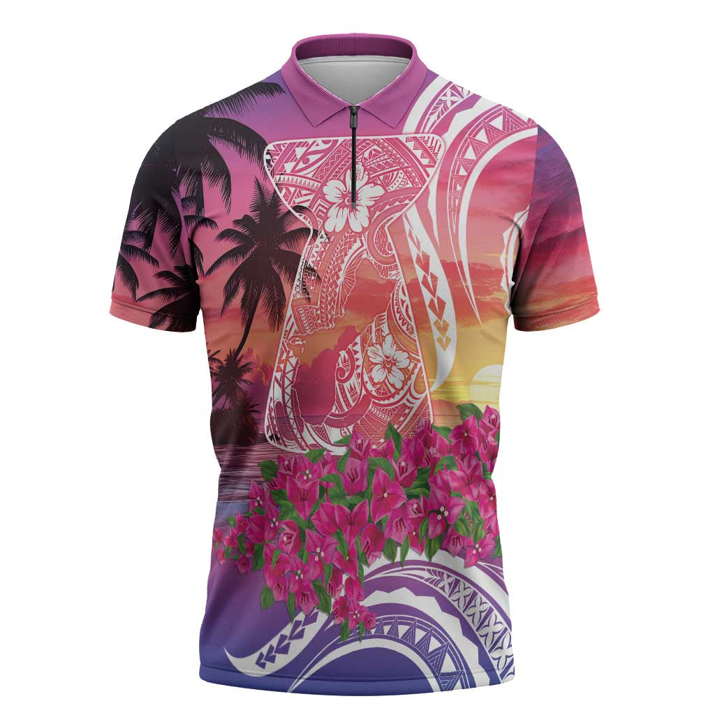 Guam Latte Stone with Map Zipper Polo Shirt Bougainvillea Beach Sunset - Polynesian Pride