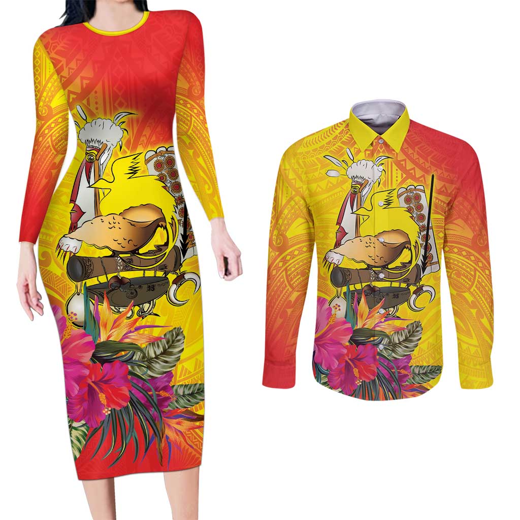 Papua New Guinea Cultural Tropical Flowers Couples Matching Long Sleeve Bodycon Dress and Long Sleeve Button Shirt