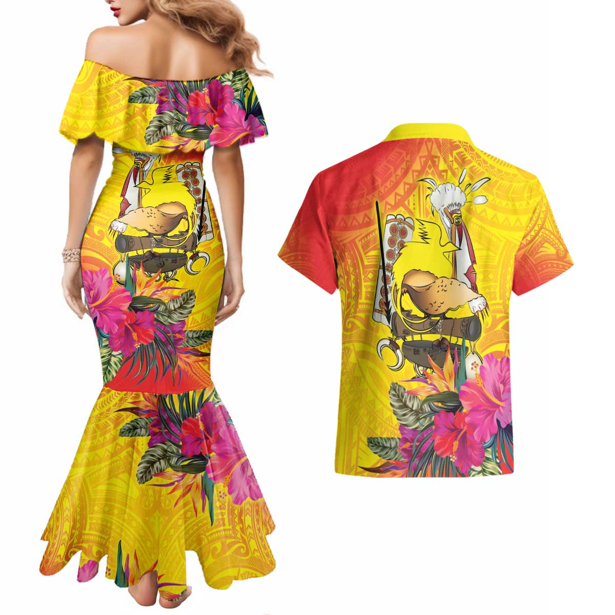 Papua New Guinea Cultural Tropical Flowers Couples Matching Mermaid Dress and Hawaiian Shirt