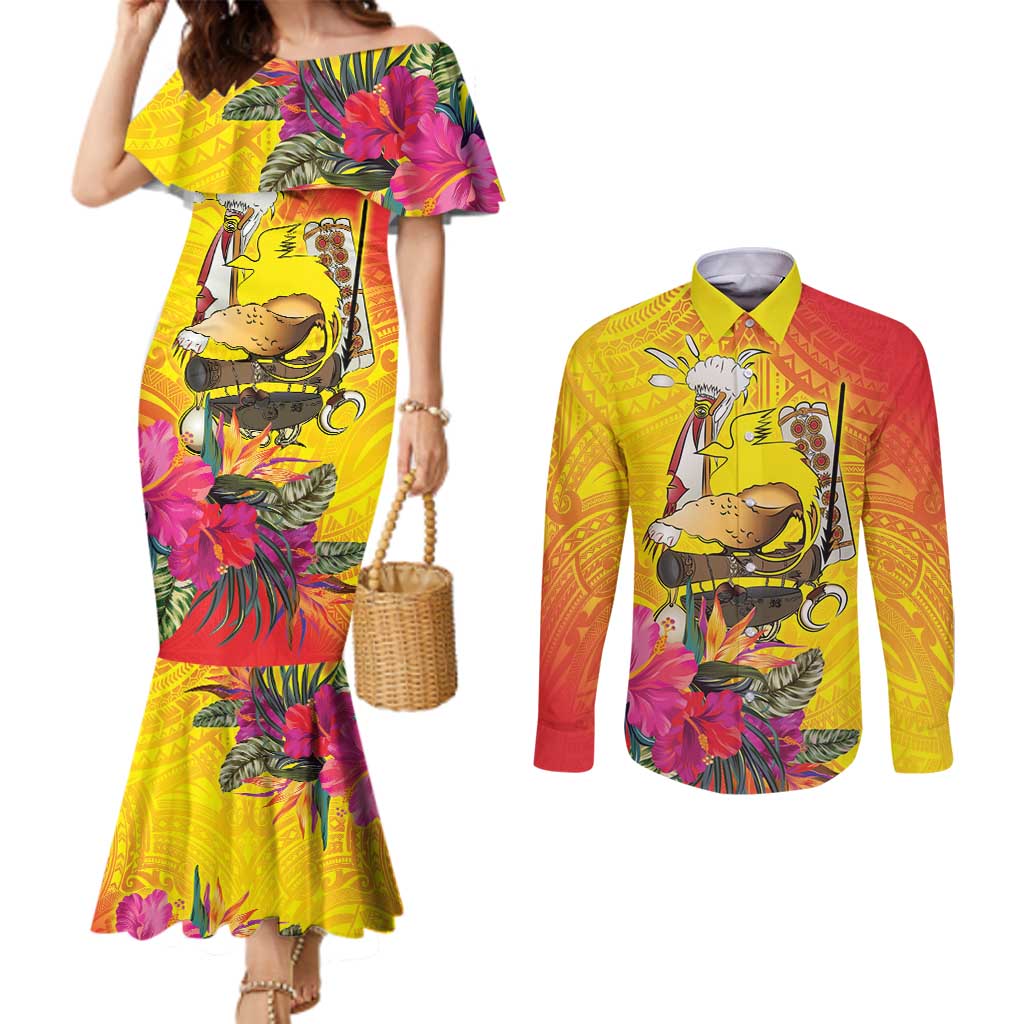 Papua New Guinea Cultural Tropical Flowers Couples Matching Mermaid Dress and Long Sleeve Button Shirt