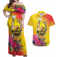 Papua New Guinea Cultural Tropical Flowers Couples Matching Off Shoulder Maxi Dress and Hawaiian Shirt