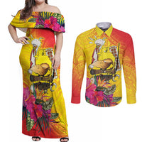 Papua New Guinea Cultural Tropical Flowers Couples Matching Off Shoulder Maxi Dress and Long Sleeve Button Shirt