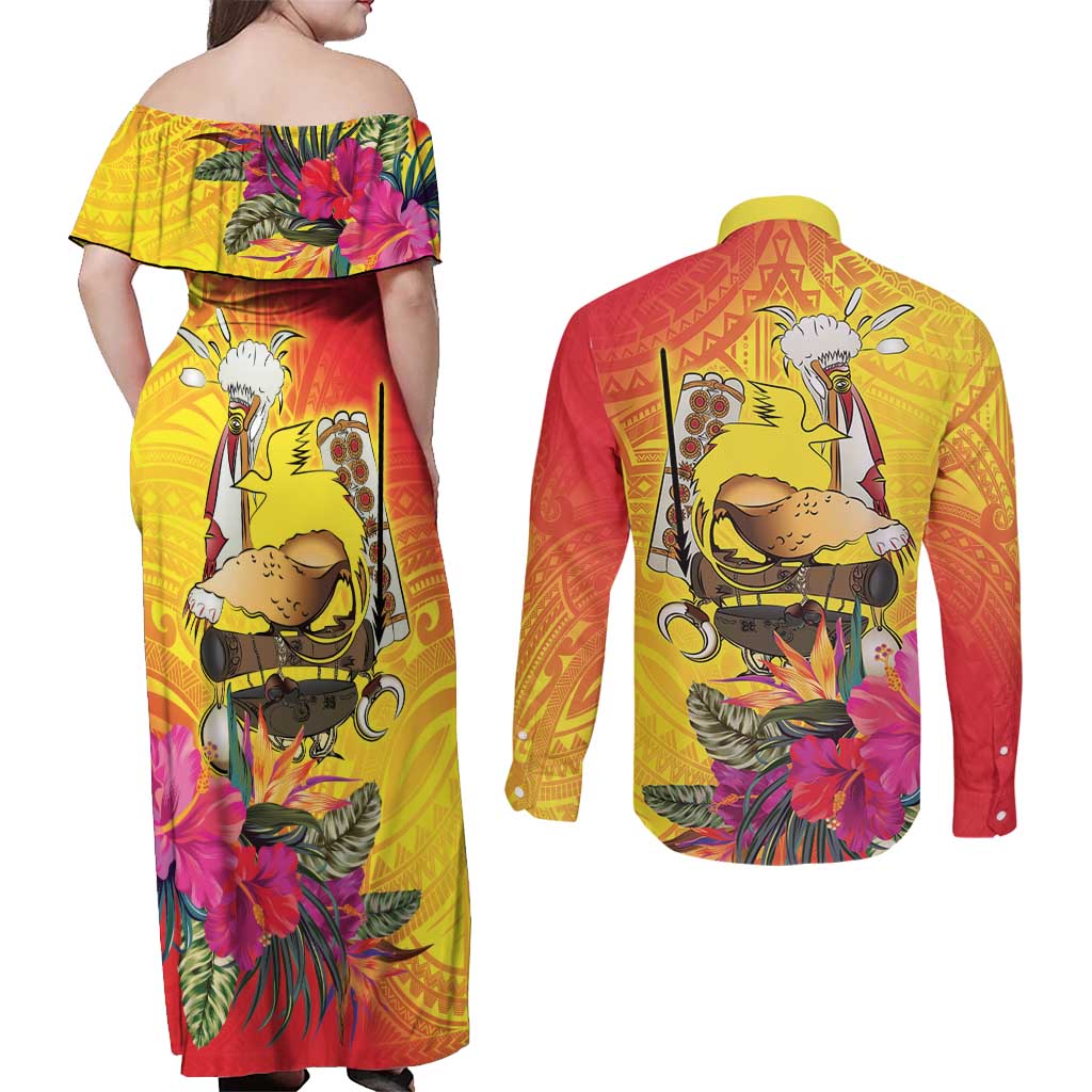 Papua New Guinea Cultural Tropical Flowers Couples Matching Off Shoulder Maxi Dress and Long Sleeve Button Shirt