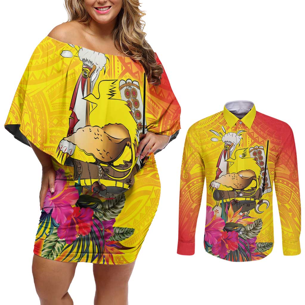 Papua New Guinea Cultural Tropical Flowers Couples Matching Off Shoulder Short Dress and Long Sleeve Button Shirt
