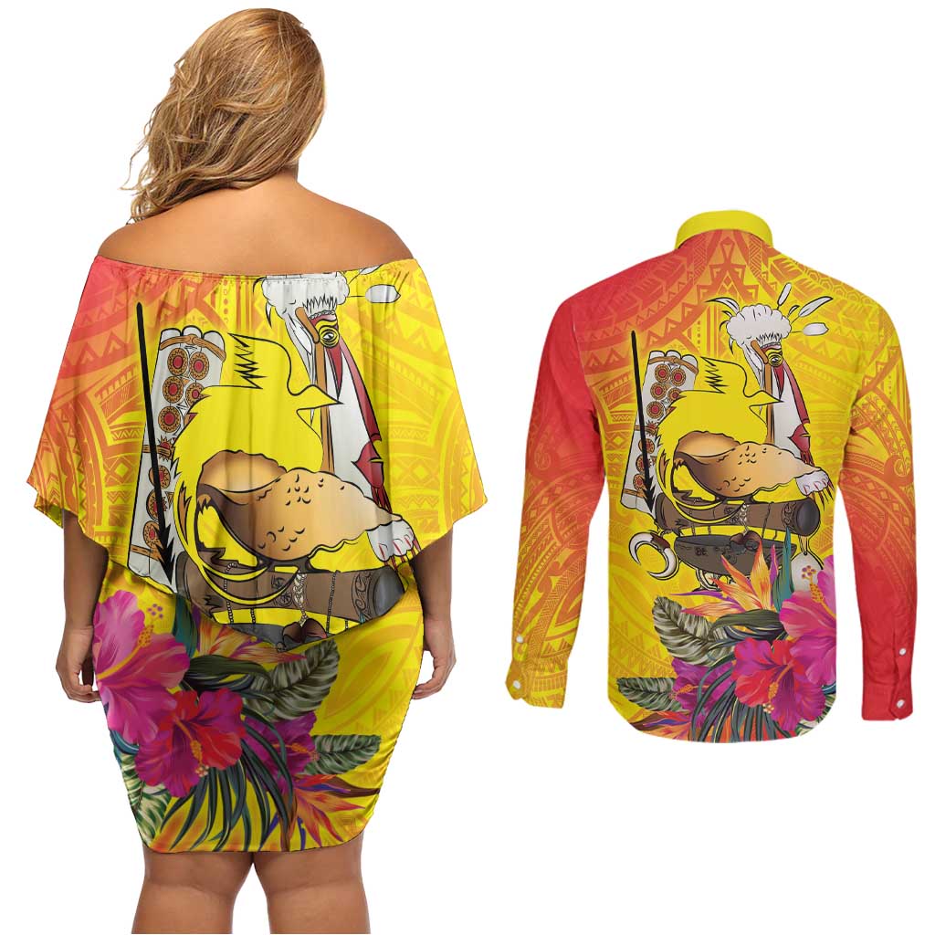 Papua New Guinea Cultural Tropical Flowers Couples Matching Off Shoulder Short Dress and Long Sleeve Button Shirt