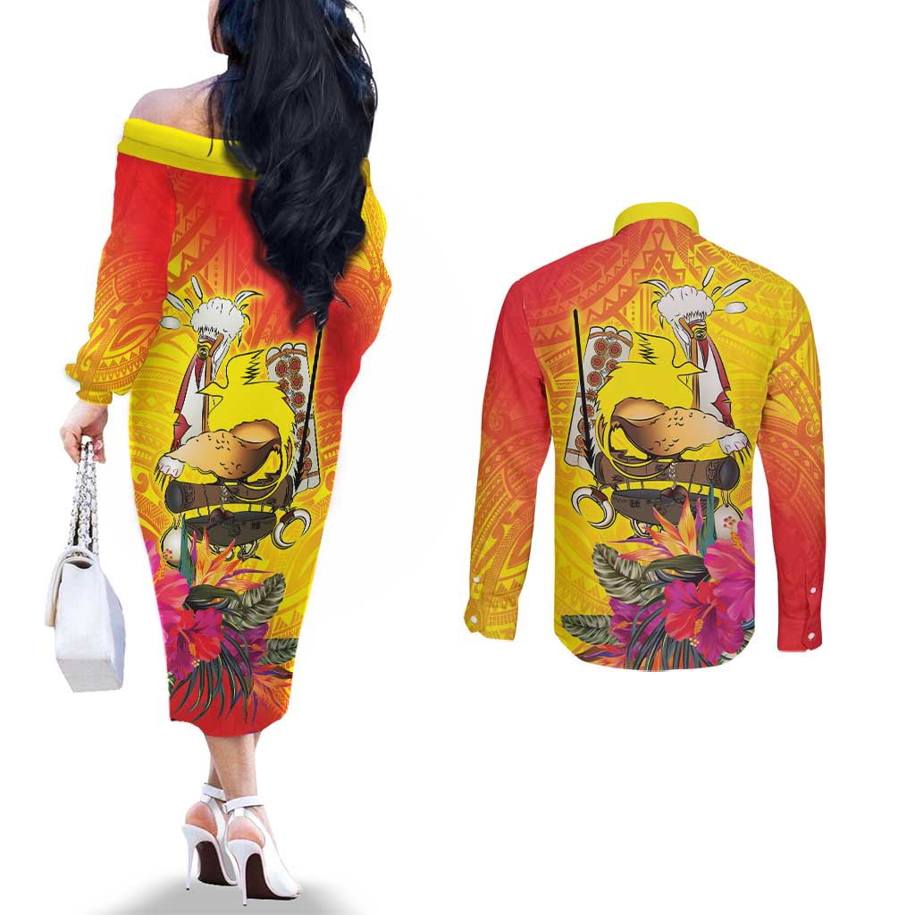 Papua New Guinea Cultural Tropical Flowers Couples Matching Off The Shoulder Long Sleeve Dress and Long Sleeve Button Shirt