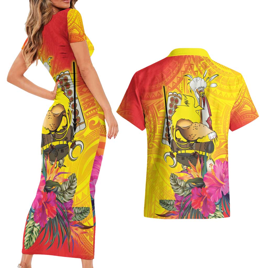 Papua New Guinea Cultural Tropical Flowers Couples Matching Short Sleeve Bodycon Dress and Hawaiian Shirt