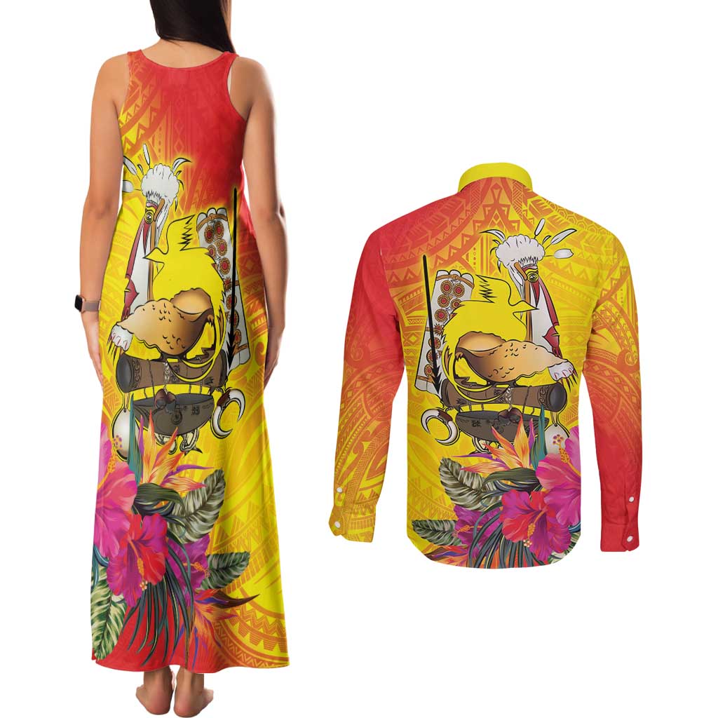 Papua New Guinea Cultural Tropical Flowers Couples Matching Tank Maxi Dress and Long Sleeve Button Shirt