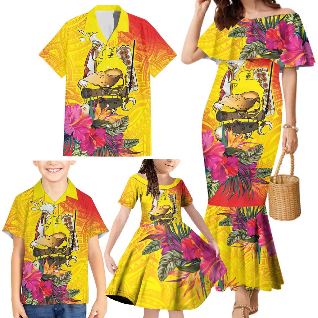 Papua New Guinea Cultural Tropical Flowers Family Matching Mermaid Dress and Hawaiian Shirt