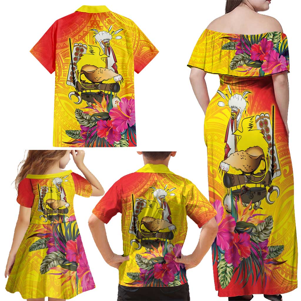 Papua New Guinea Cultural Tropical Flowers Family Matching Off Shoulder Maxi Dress and Hawaiian Shirt