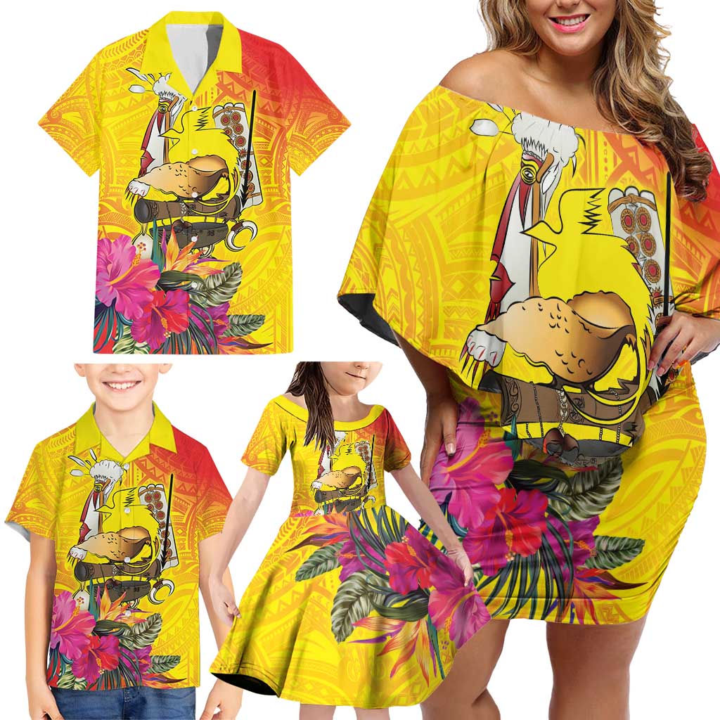 Papua New Guinea Cultural Tropical Flowers Family Matching Off Shoulder Short Dress and Hawaiian Shirt