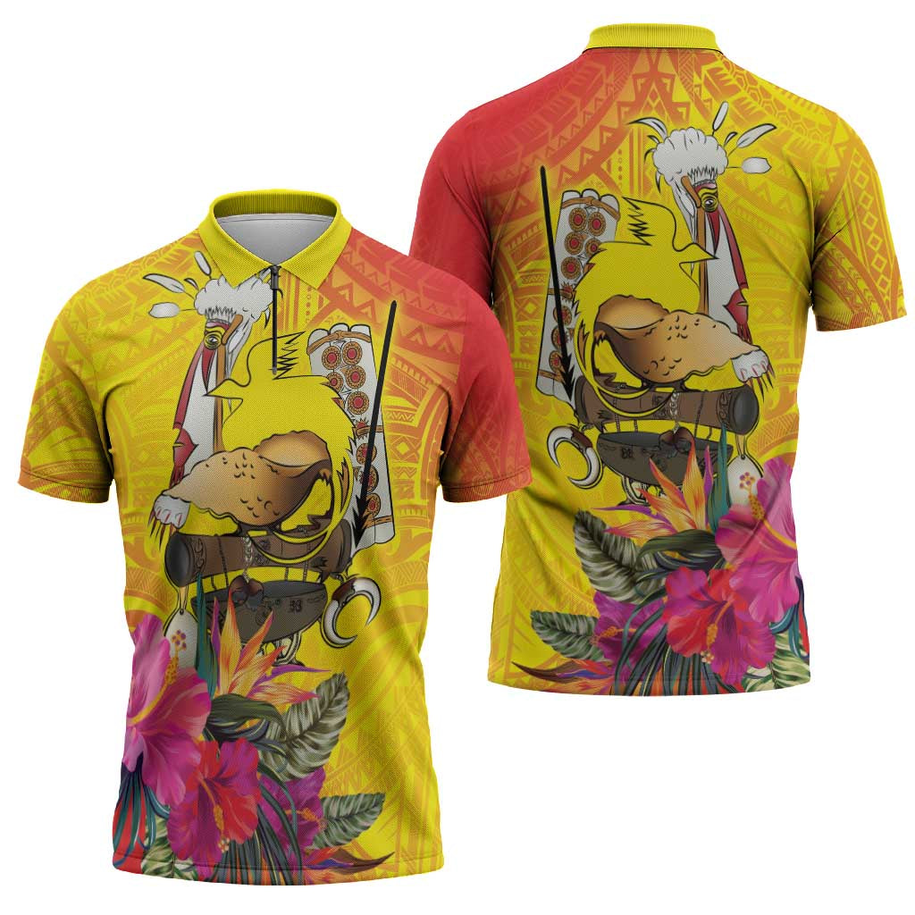 Papua New Guinea Cultural Tropical Flowers Zipper Polo Shirt - Polynesian Pride