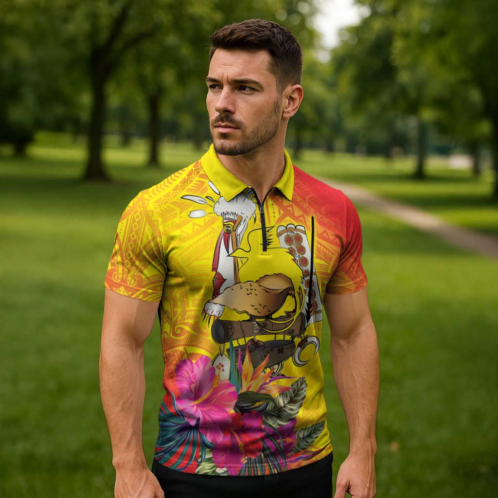 Papua New Guinea Cultural Tropical Flowers Zipper Polo Shirt - Polynesian Pride