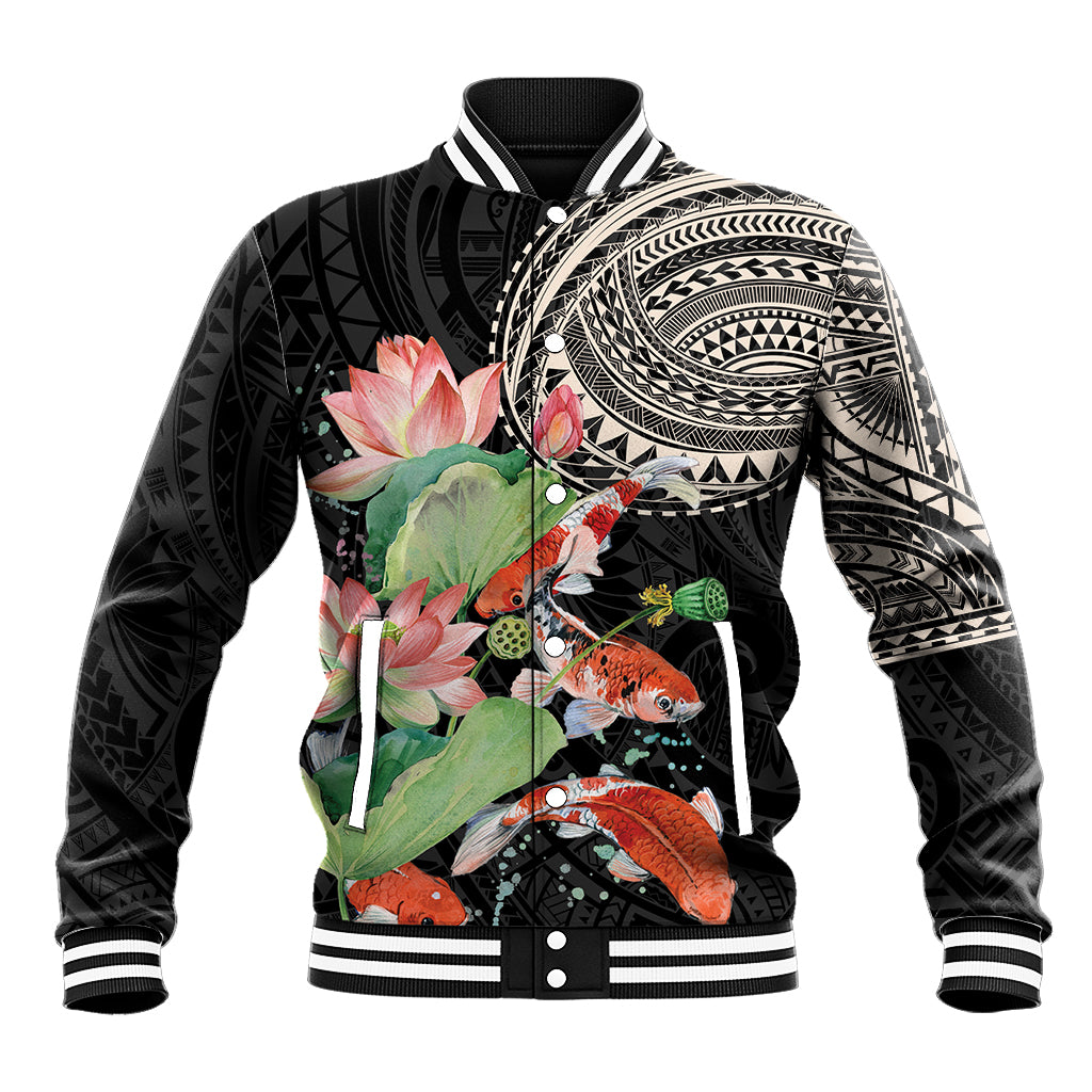 Personalized Japanese Koi Fish Baseball Jacket with Polynesian Pattern