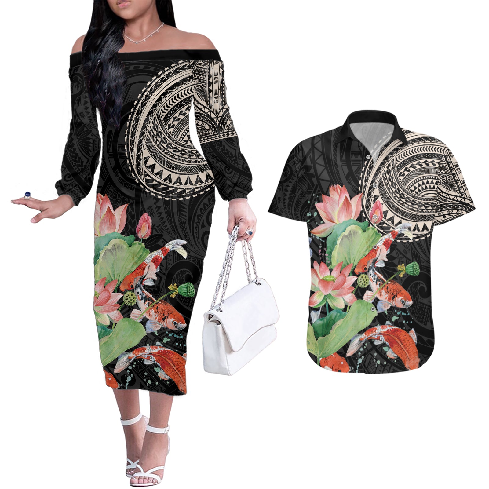 Personalized Japanese Koi Fish Couples Matching Off The Shoulder Long Sleeve Dress and Hawaiian Shirt with Polynesian Pattern
