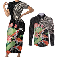 Personalized Japanese Koi Fish Couples Matching Short Sleeve Bodycon Dress and Long Sleeve Button Shirt with Polynesian Pattern