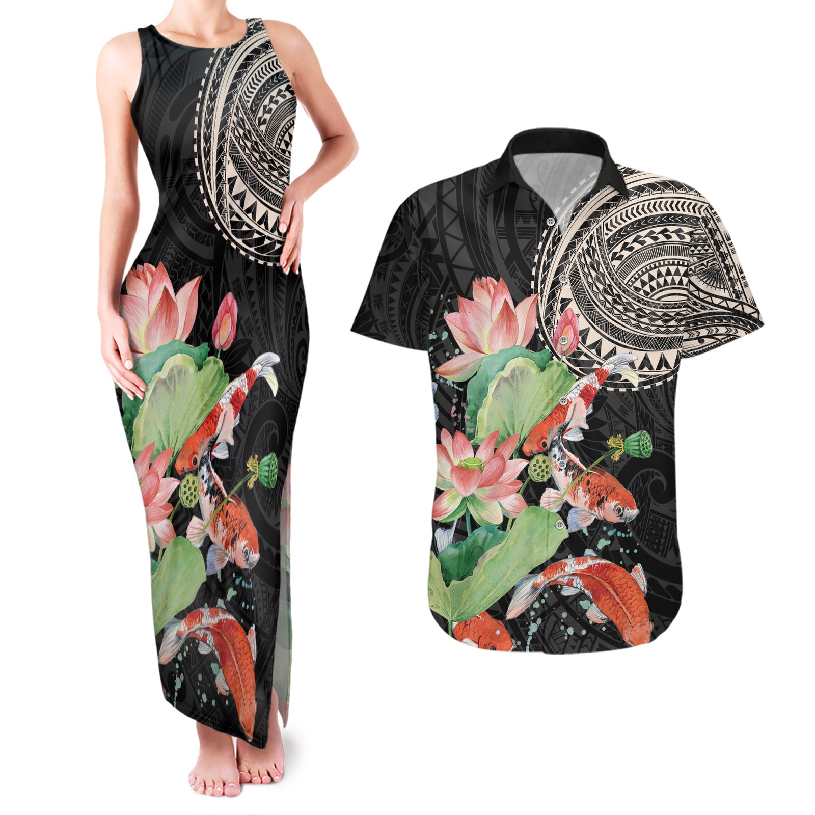 Personalized Japanese Koi Fish Couples Matching Tank Maxi Dress and Hawaiian Shirt with Polynesian Pattern