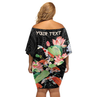 Personalized Japanese Koi Fish Family Matching Off Shoulder Short Dress and Hawaiian Shirt with Polynesian Pattern