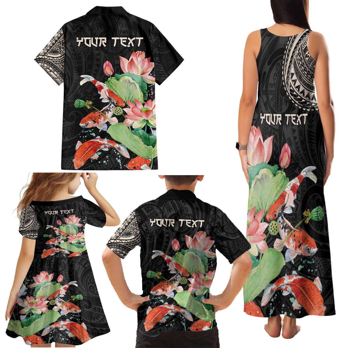 Personalized Japanese Koi Fish Family Matching Tank Maxi Dress and Hawaiian Shirt with Polynesian Pattern