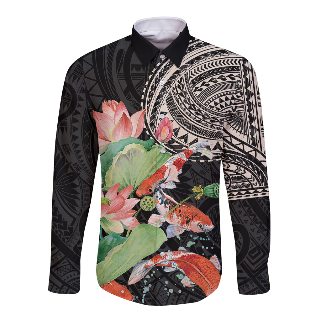 Personalized Japanese Koi Fish Long Sleeve Button Shirt with Polynesian Pattern