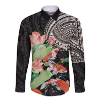 Personalized Japanese Koi Fish Long Sleeve Button Shirt with Polynesian Pattern