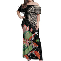 Personalized Japanese Koi Fish Off Shoulder Maxi Dress with Polynesian Pattern