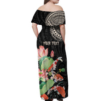 Personalized Japanese Koi Fish Off Shoulder Maxi Dress with Polynesian Pattern