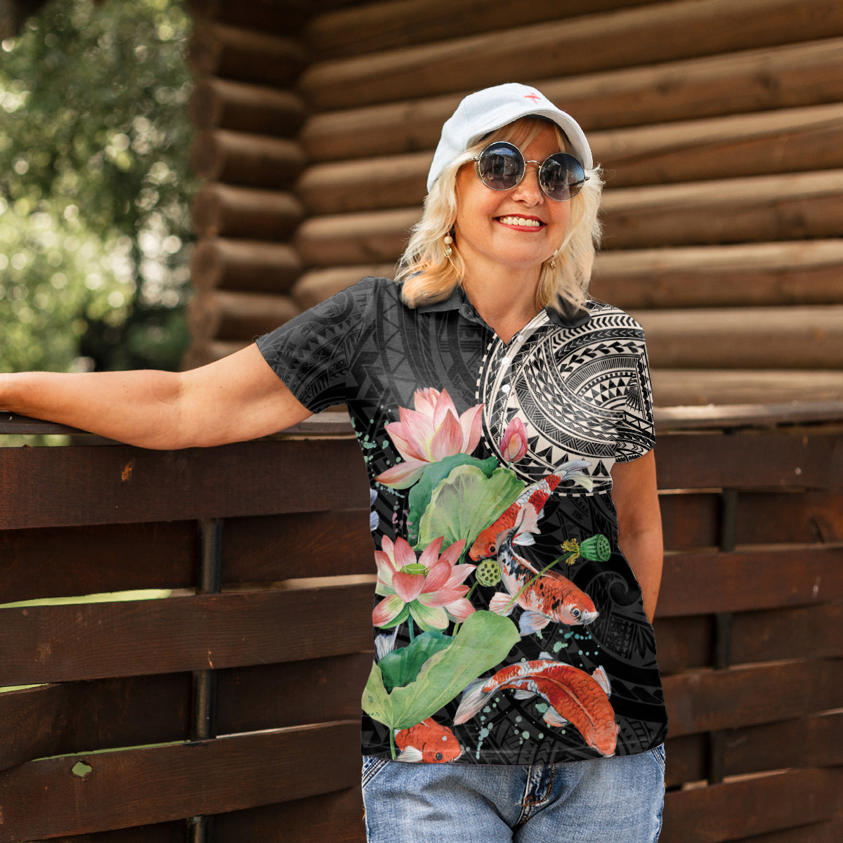 Personalized Japanese Koi Fish Women Polo Shirt with Polynesian Pattern