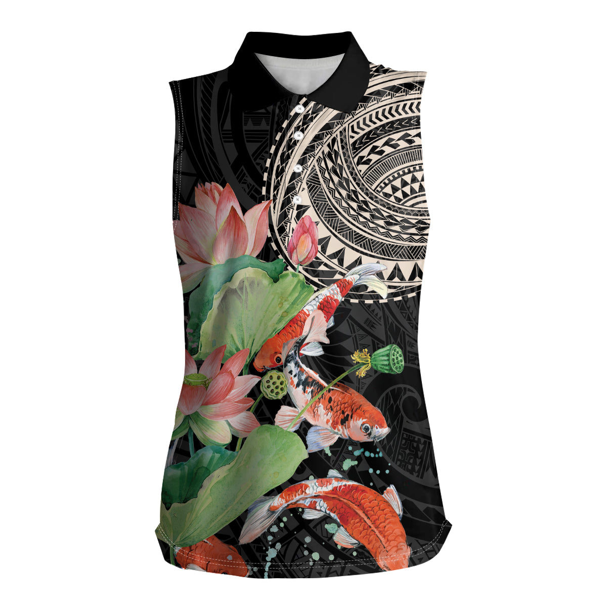Personalized Japanese Koi Fish Women Sleeveless Polo Shirt with Polynesian Pattern