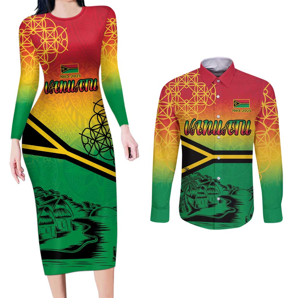 Hapi 45th Indipendens Dei Vanuatu Couples Matching Long Sleeve Bodycon Dress and Long Sleeve Button Shirt Yumi 1980 with Vanuatuan Beach Landscape