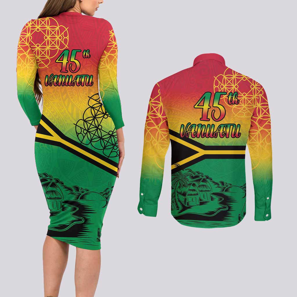 Hapi 45th Indipendens Dei Vanuatu Couples Matching Long Sleeve Bodycon Dress and Long Sleeve Button Shirt Yumi 1980 with Vanuatuan Beach Landscape
