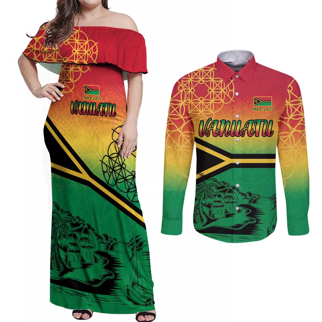 Hapi 45th Indipendens Dei Vanuatu Couples Matching Off Shoulder Maxi Dress and Long Sleeve Button Shirt Yumi 1980 with Vanuatuan Beach Landscape