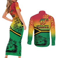 Hapi 45th Indipendens Dei Vanuatu Couples Matching Short Sleeve Bodycon Dress and Long Sleeve Button Shirt Yumi 1980 with Vanuatuan Beach Landscape