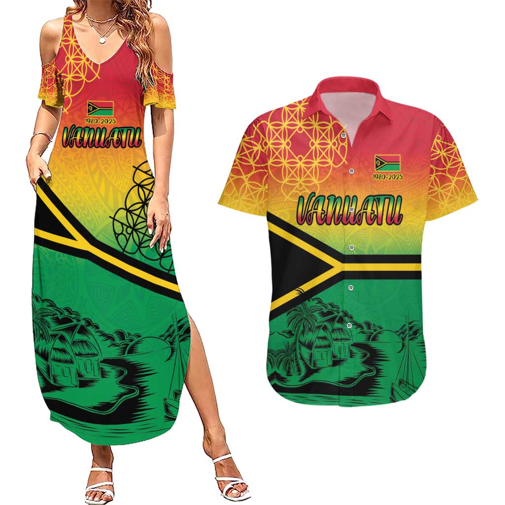Hapi 45th Indipendens Dei Vanuatu Couples Matching Summer Maxi Dress and Hawaiian Shirt Yumi 1980 with Vanuatuan Beach Landscape