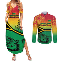 Hapi 45th Indipendens Dei Vanuatu Couples Matching Summer Maxi Dress and Long Sleeve Button Shirt Yumi 1980 with Vanuatuan Beach Landscape