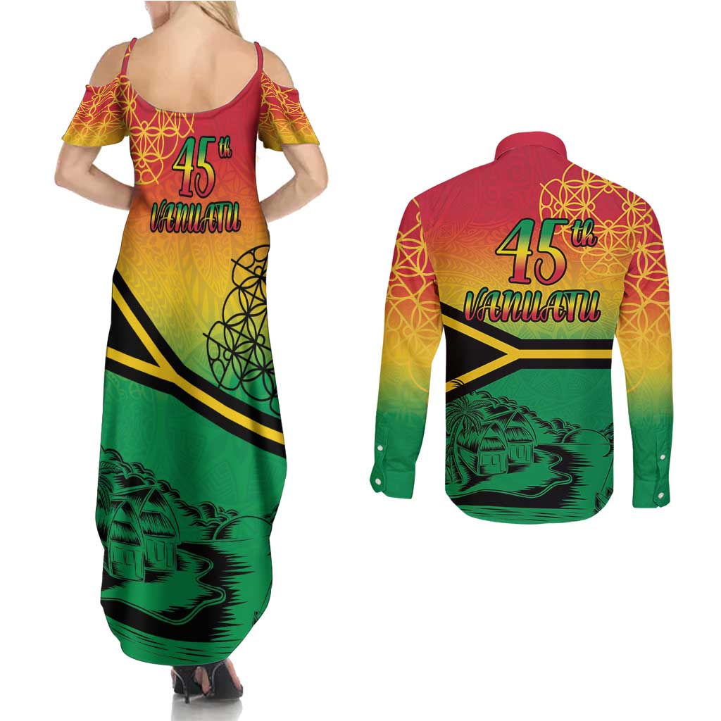 Hapi 45th Indipendens Dei Vanuatu Couples Matching Summer Maxi Dress and Long Sleeve Button Shirt Yumi 1980 with Vanuatuan Beach Landscape