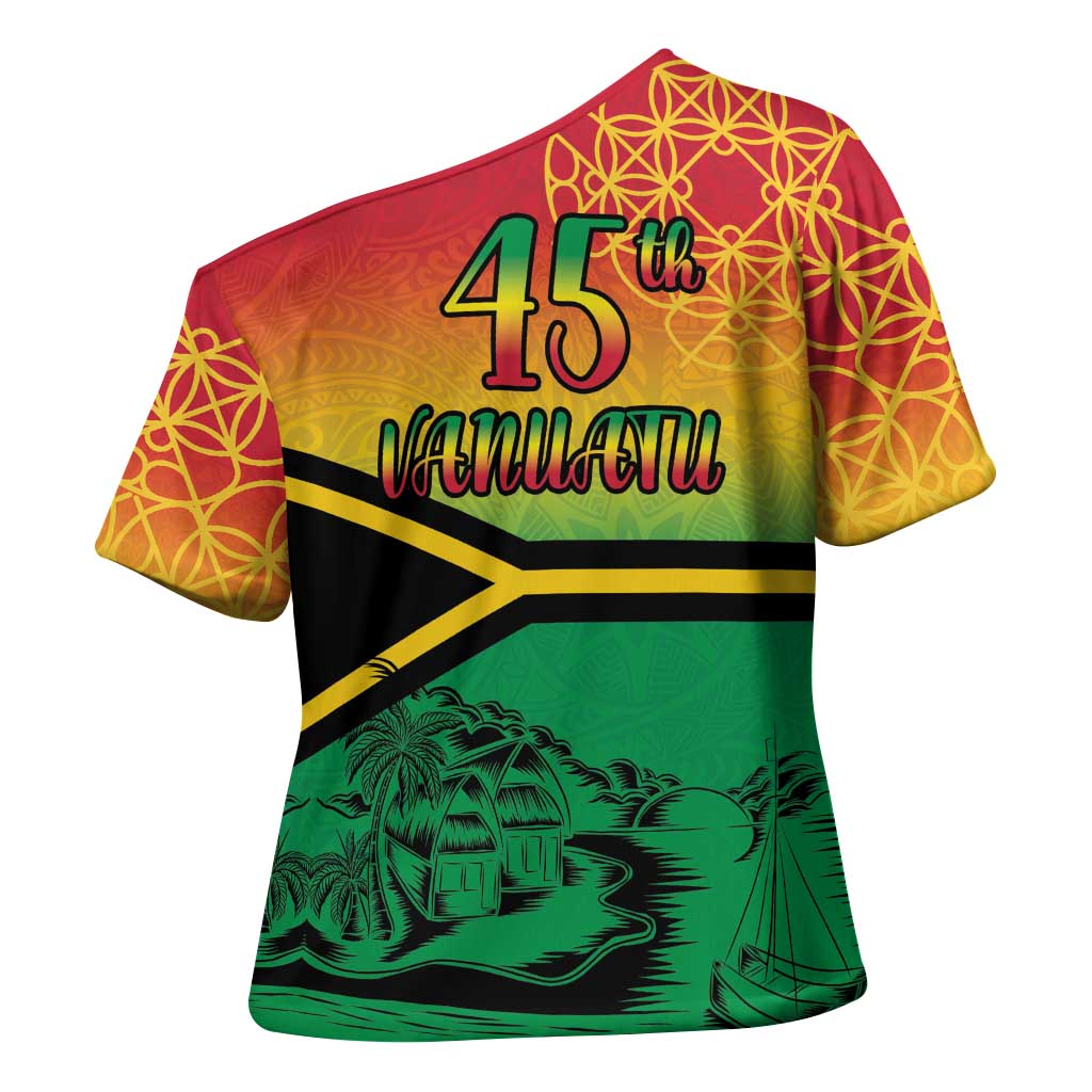 Hapi 45th Indipendens Dei Vanuatu Cross Shoulder Shirt Yumi 1980 with Vanuatuan Beach Landscape - Polynesian Pride