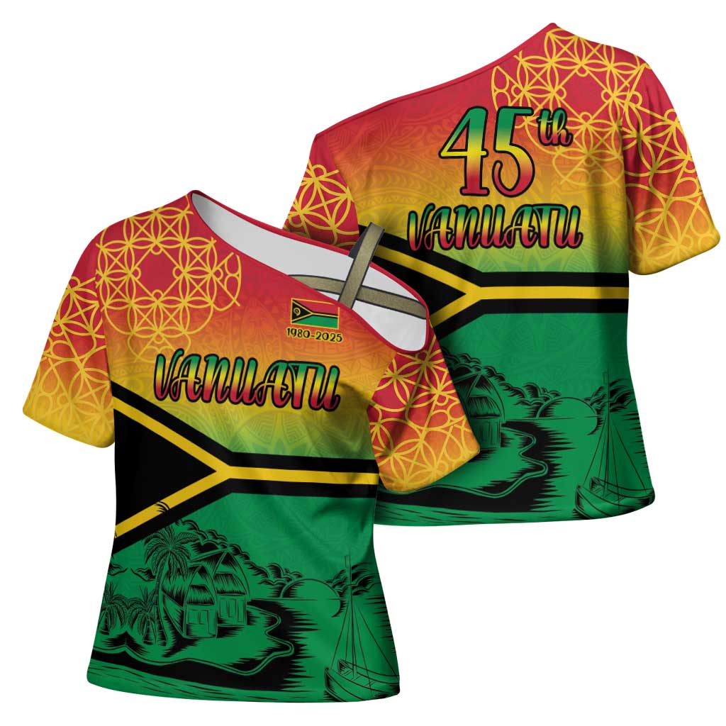 Hapi 45th Indipendens Dei Vanuatu Cross Shoulder Shirt Yumi 1980 with Vanuatuan Beach Landscape - Polynesian Pride